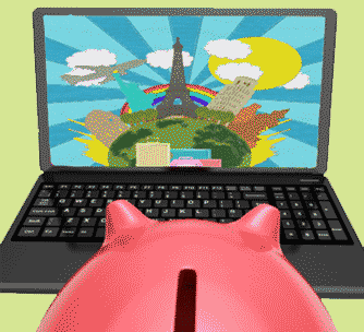 Pig and laptop image courtesy of Stuart Miles, luggage image courtesy of digitalart1, and travel background image courtesy of basketman / FreeDigitalPhotos piggy bank looking at laptop with travel destinations